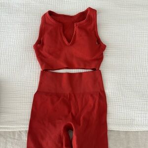 Red Ribbed Crop Top and Leggings Set
